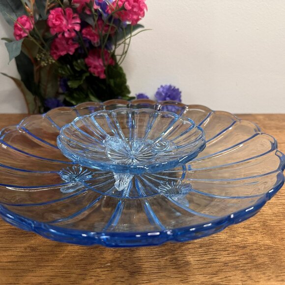 Vintage Blue Glass 3-Footed Dish Set Retro Ribbed Pattern Decorative Bowl - Picture 8 of 9